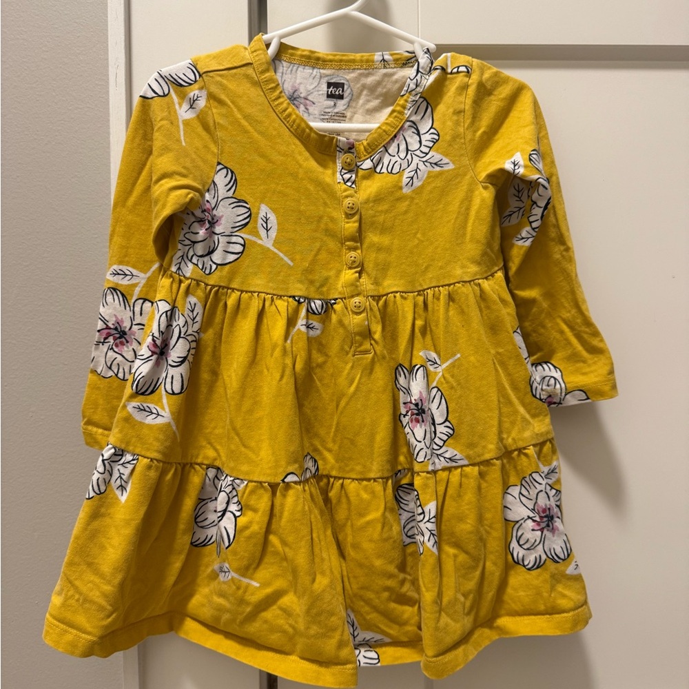 Tea Collection Size 2 Yellow Floral Tiered Henley Dress